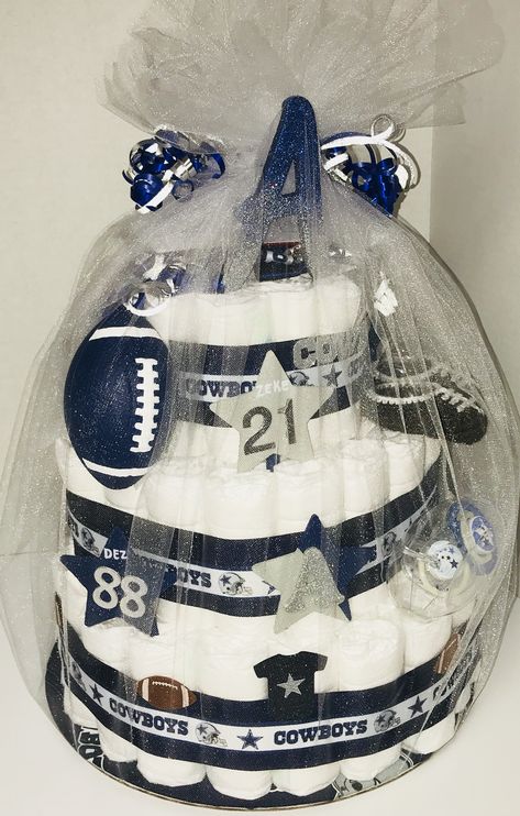 Dallas Cowboys Diaper Cake Dallas Cowboys Baby Shower Ideas, Dallas Cowboys Baby Shower, Dallas Cowboys Cake, Dallas Cowboys Theme, Cowboy Birthday Cakes, Themed Baby Shower Ideas, Pamper Cake, Shower Baskets, Cowboy Cakes