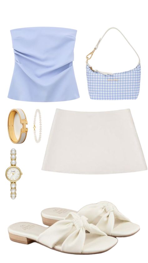 Europe inspired outfit. White linen mini skirt, blue tube top, gingham blue miu miu shoulder purse, paired with cream sandals Preppy Chic Outfits, Blue And White Outfits, Jamaica Outfits, Europe Travel Outfits, Beachy Outfits, 2000s Outfits, Europe Outfits, Preppy Chic, Italy Outfits