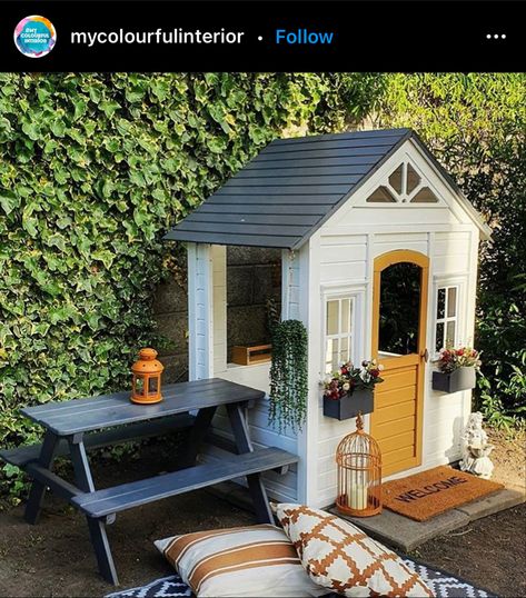 Ikea picnic table makeover Outdoor Playhouse Area, Backyard Discovery Playhouse Makeover, Kids Playhouse Makeover, Playhouse Remodel, Picnic Table Makeover, House Playground, Outdoor Play Kitchen, Kids Garden Play, Kids R Us