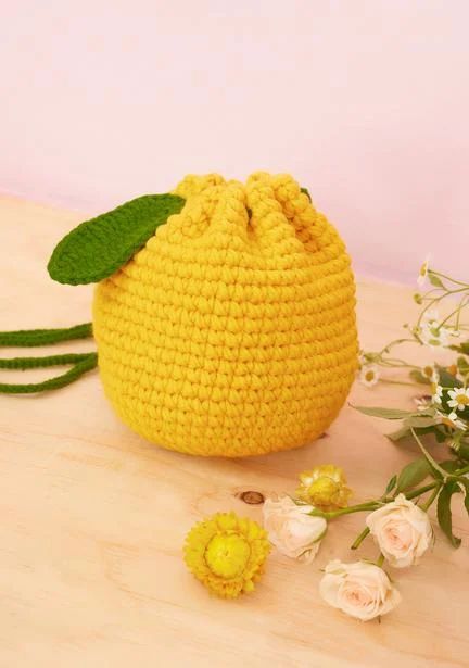 Fruit Accessories, Lemon Crochet, Crochet Lemon, Crochet Bucket Bag, Crochet Construction, Butterfly Bags, Crochet Fruit, Crochet Bucket, Sugar Thrillz