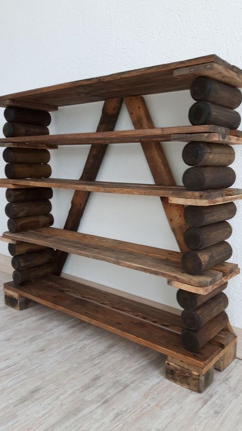 Wooden Storage Shelves, Wood Storage Shelves, Diy Storage Shelves, Wooden Pallet Furniture, Log Furniture, Diy Holz, Wooden Pallets, Wooden Storage, Into The Woods