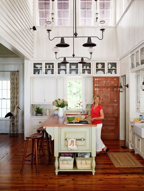 Blue And White Home, Heart Pine Flooring, Oak Panels, Kitchen Ceiling, Island House, Window Styles, White Home, Home Trends, Retro Home