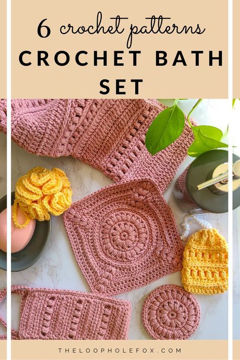 Pamper yourself with the Radiant Crochet Bath Set! This crochet bath set comes with 6 free crochet patterns that will help you feel luxurious and relaxed. Crochet Bath Set, Crochet Spa Set, Spa Sets, Cotton Crochet Patterns, Crochet Bathroom, Quick Crochet Gifts, Crochet Washcloth Pattern, Spa Items, Crochet Mat