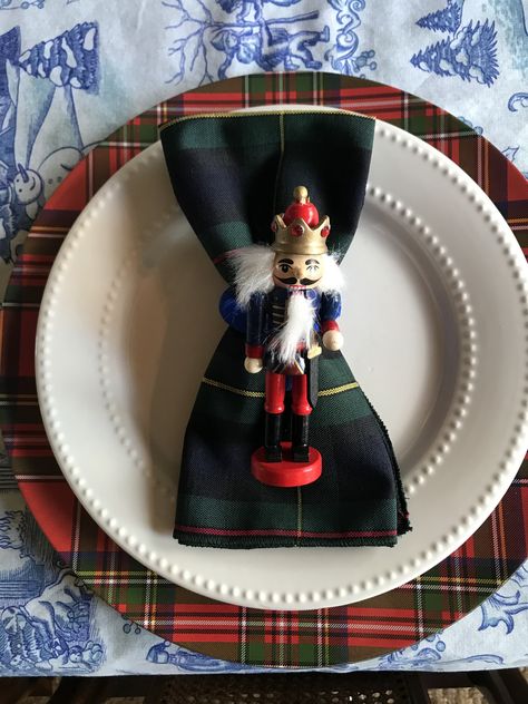 Plaid Tablescape, Nutcracker Christmas Party, Church Christmas Party, Nutcracker Decor, Pottery Barn Christmas, Nutcracker Christmas Decorations, Christmas Decorations Centerpiece, Christmas Table Setting, Nut Cracker