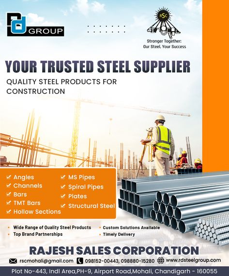 Benefiting the commercial business with durable steel products! Proud to supply the best steel products to our valued customers. #steel #suppliers #quality #construction Contact Us! 📞Call- 098152-00443, 098880-15280 📧Email- rscmohali@gmail.com Website- https://rdsteelgroup.com/ Steel Company, Steel Beams, Iron Steel, Steel Doors, Media Design, Building Materials, Social Media Design, Product Design, Cover Photos