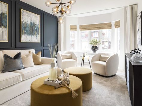 Navy and Mustard coloured living room Coloured Living Room, Mustard Living Rooms, Cream Furniture, Show Homes, Navy Living Rooms, Cream Living Rooms, Green Homes, Lounge Decor, New Build