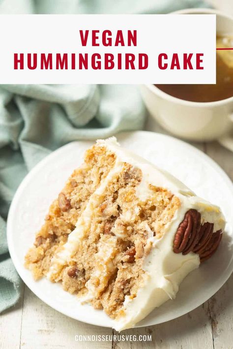 This vegan hummingbird cake is made with three layers of cinnamon-spiced pecan studded banana pineapple cake, with dairy-free cream cheese frosting in between. Every bite is like a mouthful of sunshine! Banana Pineapple Cake, Vegan Hummingbird Cake, Vegan Pound Cake Recipe, Vegan Cake Frosting, Dairy Free Cream Cheese Frosting, Dairy Free Cake Recipe, Bananas Recipe, Vegan Pies Recipes, No Bake Chocolate Desserts