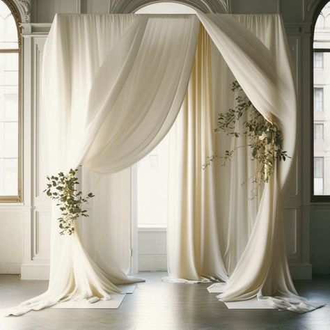 Wedding arch gauze drapery. Ivory wedding decoration. Gauze runner Wedding Arch With Curtains, Draped Alter Wedding, Curtains Wedding Decor, Drapery Wedding Backdrop, Drapery Arch Wedding, Elegant Backdrops For Wedding, Cloth Backdrop Wedding, Draping Wedding Arch, Alter Decorations Wedding Outdoor