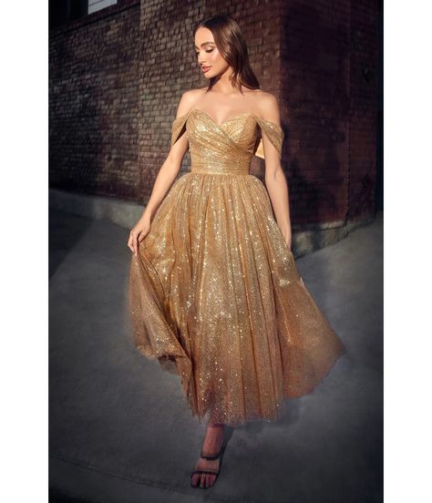 Gold Glitter Off The Shoulder Tea Length Dress – Unique Vintage Tea Length Prom Dress, Short White Dress Wedding, Knee Length Wedding Dress, Tea Length Dress, Mini Wedding Dresses, Cinderella Divine, Layered Tulle Skirt, Feeling Confident, White Short Dress