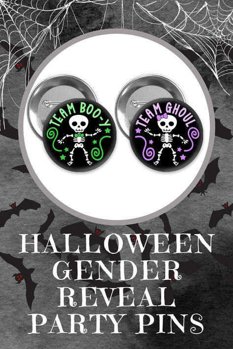 Halloween little skeleton Team Boo-y and Team Ghoul gender reveal party favor pins Gender Reveal Pins, Themed Gender Reveal, Gender Reveal Party Favors, Halloween Gender Reveal, Reveal Party, Purple And Green, Halloween Skeletons, Reveal Parties, Gender Reveal Party