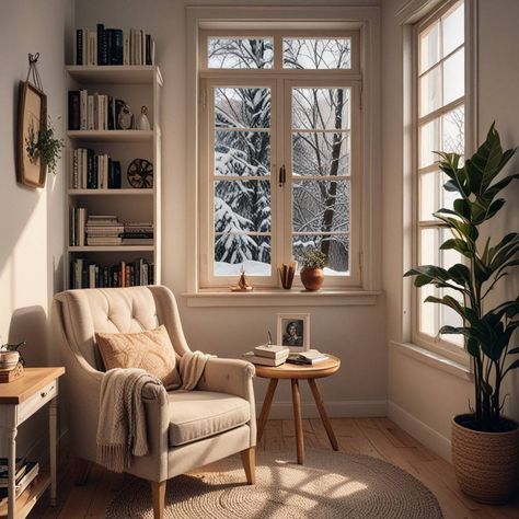 Cozy Living Room Bookshelves, Simple Home Library, Cozy Reading Chair, Plush Armchair, Cozy Bedroom Ideas, Cozy Reading Corners, Chair Ideas, Reading Nooks, Scandinavian Style Interior