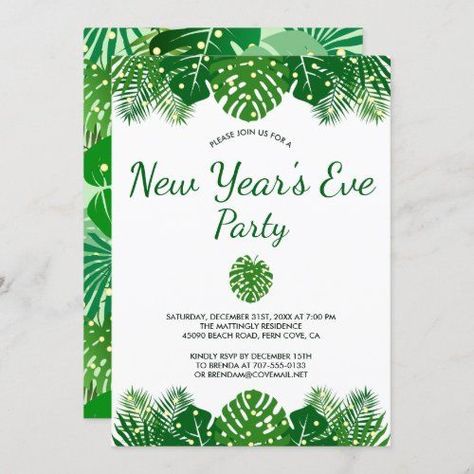 Tropical Leaves Lights Modern New Year's Eve Party #tropical #foliage #typography #leaves #party #rainforest #lights #newyearseve #newyear #modern Tropical New Years Eve Party, Rainforest Foliage, New Year's Eve Party, Holiday Party Invitations, New Year’s Eve, Invitation Sizes, Eve Parties, New Years Eve Party, Holiday Lights