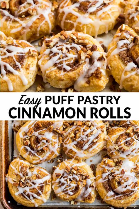 These easy Puff Pastry Cinnamon Rolls use puff pastry instead of regular yeast dough for quick, easy cinnamon rolls that taste absolutely delicious! Simple to prepare and everyone loves them. Top with cream cheese or vanilla glaze for a fast, sweet treat! Freezer friendly, so this recipe is also a perfect make ahead breakfast for Christmas, holidays, and brunches! #puffpastry #cinnamonrolls #easybreakfastrecipes #wellplated Dessert Recipes Cinnamon, Quick Easy Cinnamon Rolls, Recipes Cinnamon Rolls, Puff Pastry Cinnamon Rolls, Pastry Cinnamon Rolls, Puff Pastry Cinnamon, Easy Puff Pastry Recipe, Puff Pastry Recipes Dessert, Easy Cinnamon Rolls