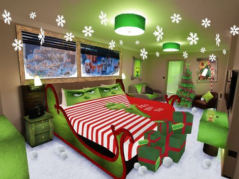 Grinchmas Party, Hotel Room Decoration, Themed Hotel Rooms, Grinch Ideas, Luxury Christmas Decor, Cozy Christmas Living Room, Grinch Christmas Party, Whoville Christmas, Grinch Christmas Decorations