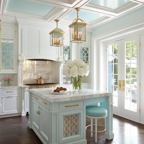 robins egg blue and white kitchen Robins Egg Kitchen, Egg Shell Blue Kitchen, Robin Egg Blue Kitchen Cabinets, White Blue Kitchen Ideas, Ivory And Blue Kitchen, Blue On Blue Kitchen, Baby Blue Kitchen Ideas, Light Blue And Gold Kitchen, Blue Ceiling Kitchen