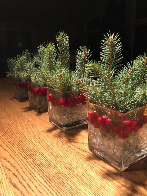 Christmas Work Party Centerpieces, Pine And Cranberry Centerpieces, Simple Xmas Table Decor Centerpieces, Simple Centerpiece Christmas, Easy Christmas Party Table Decorations, Office Christmas Party Decorations Table, Christmas Centerpieces For Work Party, Simple Christmas Party Centerpieces For Table, Company Holiday Party Table Decor