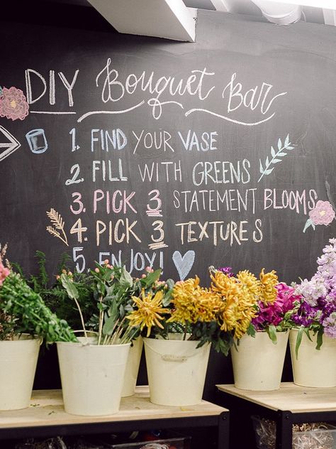 Diy Bouquet Arrangement, Build Your Own Bouquet Bar Sign, Flower Arrangement Station, Bouquet Building Station, Diy Flower Bar Sign, Wildflower Bouquet Bar, Flower Bar For Party, Small Business Flower Shop, Diy Build Your Own Bouquet Bar