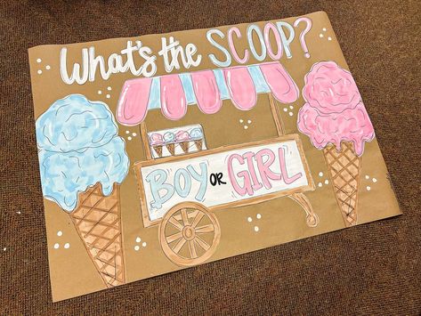 What’s the SCOOP!?🩵🩷🍦 What’s The Scoop, Kraft Paper Banner, Painted Banners, Donut Banner, Painted Banner, Cute Banner, Gender Reveal Banner, Art Motivation, Painted Backdrops