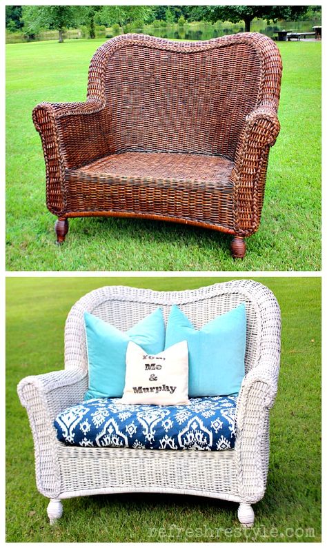 How to Spray Paint Wicker - Refresh Restyle Ratan Sofa, Spray Paint Wicker, Paint Wicker, Outdoor Furniture Makeover, Wicker Furniture Makeover, Painting Wicker Furniture, How To Spray Paint, Patio Furniture Makeover, Wicker Couch