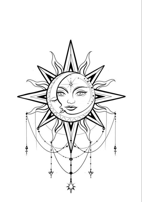 Moon And Sun Coloring Pages, Sun Moon Neck Tattoo, Sun N Moon Tattoo Design, Sun And Moon Tattoo Red, Half Sun And Moon Tattoo, Sun Snd Moon Tattoos, Sun Moon Mandala Tattoo, Sun And Moon Chest Tattoo Female, Sun And Moon Mandala Drawing