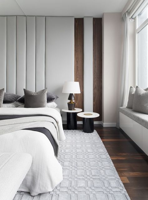 Modern contemporary neutral luxury master bedroom decor idea Bedroom With Window Wall, Floor To Ceiling Headboard, Gray White Bedroom, Black Tables, Masculine Bedroom Decor, Gray Pillows, Tv Fal, Modern Luxury Bedroom, Luxury Bedroom Design