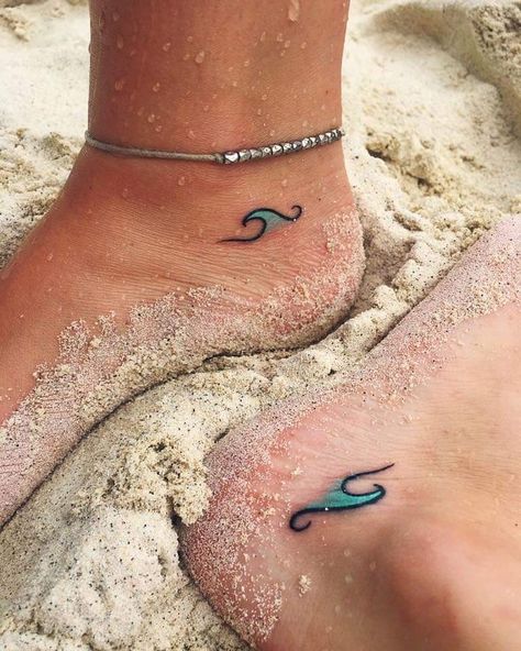 Matching Mermaid Tattoos For Best Friends, Wave Friendship Tattoo, Matching Wave Tattoos For Best Friends, Hawaiian Sister Tattoos, Fins Up Tattoo, Sister Beach Tattoos, Small Beach Tattoos Best Friends, Beach Wave Tattoos For Women, Best Friend Ocean Tattoos