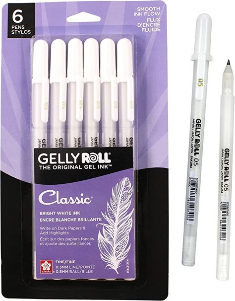 Amazon.com: Sakura Gelly Roll Gel Pens - Fine Point Ink Pen for Journaling, Art, or Drawing - Classic White Ink - Fine Tip - 6 Pack Sakura Pens, Japanese Pen, White Pen, Gel Ink Pens, Ink Pens, White Gel Pen, Fine Pens, Pointed Pen, Glitter Gel