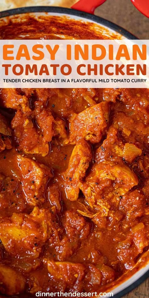 Indian Tomato Chicken is an easy, one pot chicken dinner made in less than an hour! Chicken breasts simmered in a flavorful, kid friendly mild tomato curry. One Pot Chicken Dinner, Tomato Chicken Recipe, Chicken Recipes With Tomatoes, Tomato Paste Recipe, Chicken Tomato, Green Tomato Recipes, Dinner Then Dessert, Tomato Chicken, Indian Chicken Recipes