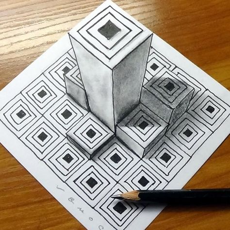 Towers by S. Vamos Optical Illusion Drawing, Illusion Drawings, 3d Art Drawing, Geometric Pattern Art, Geometric Design Art, Geometric Drawing, Optical Illusions Art, Perspective Art, Soyut Sanat Tabloları