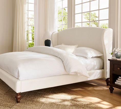 Augusta Upholstered Platform Bed | Pottery Barn New Home Aesthetic, Guest Powder Room, Grandmillennial Home, Vintage Inspired Bedroom, Let Me Sleep, Green Meadow, Inspired Bedroom, Relaxing Bedroom, White Duvet Covers