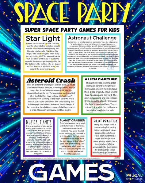 Games for Kids Birthday Party - Lift off with an out of this world outer space party! We have a list of seven engaging space party games for your NASA astronauts, pilots, & galaxy visitors. #FrugalCouponLiving #gamesforkids #games #birthdaypartygames #birthdaygames #partygames #party #birthday #nasa #space #astronaunt #galaxy Party Games List, Space Party Games, Space Party Theme, Games For Friends, Vbs Space, Space Week, Summertime Activities, Dollar Diy, Galaxy Party