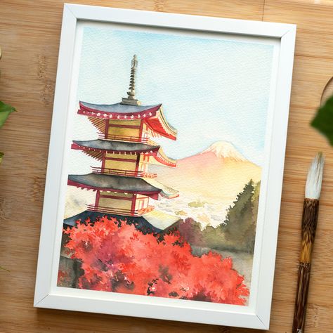 Japan watercolor painting, Japanese temple in Kyoto, Mount Fuji mountain, Japan pagoda painting, Mt Fuji, Autumn watercolor wall art Mt Fuji Watercolor, Fuji Mountain Painting, Japan Watercolor Painting, Pagoda Painting, Japan Watercolor, Painting Japanese, Fuji Mountain, Autumn Watercolor, Mont Fuji