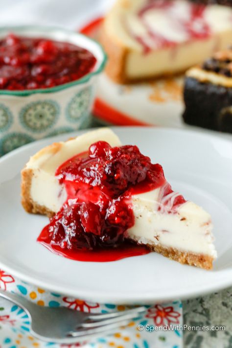 This easy cranberry cheesecake topping can be made well ahead of time and adds a delicious sweet & tart flavor to any dessert, pancake or even yogurt! Cranberry Cheesecake Topping, Easy Cranberry Cheesecake, Cheesecake Topping, Cranberry Dessert, Cranberry Cheesecake, Cheesecake Toppings, Pinwheel Recipes, Spend With Pennies, Cranberry Sauce Homemade