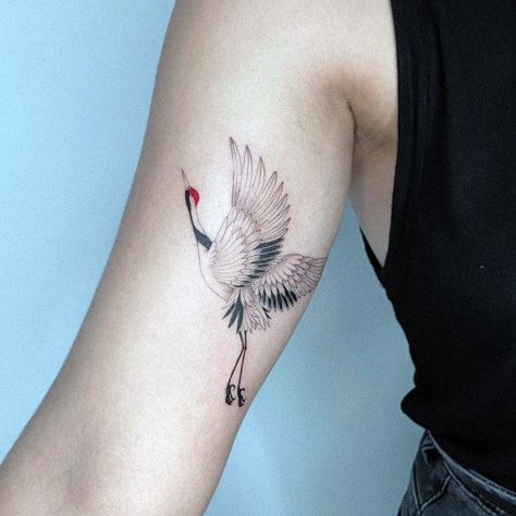 Top 100 Best Crane Tattoos For Women - Beautiful Bird Design Ideas Crane Tattoo Shoulder, Small Crane Tattoo, Red Crowned Crane Tattoo, Japanese Crane Tattoo Design, Herron Tattoo, Sandhill Crane Tattoo, Crane Tattoo Design, Japanese Tattoos Women, Tree Of Life Tattoo Ideas