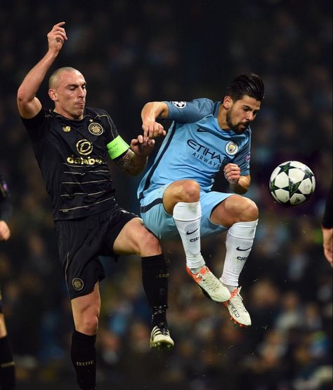 Man City 1 Celtic 1 in Dec 2016 at the Etihad Stadium. Scott Brown gets in a good challenge on Nolito in the Champions League Group C clash. Scott Brown, Etihad Stadium, Man City, Fun Challenges, Champions League, Running