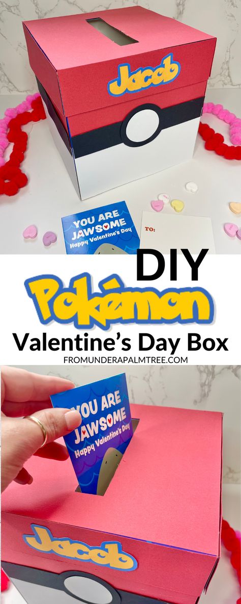 Check out our super easy tutorial for this DIY Pokemon Valentine's Day Box! Pokemon Valentines Box, Pokemon Valentine's, Diy Pokeball, Pokemon Valentines, Pokemon Wedding, Black Scrapbook Paper, Valentines Gift Basket, Pokemon Valentine, Diy Pokemon