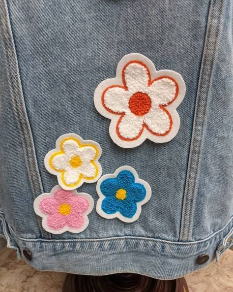 Iron On Patches Ideas, Chenille Flower, Letterman Patches, Trendy Patches, Daisy Patches, Chenille Patches, Chenille Patch, Denim Jacket Patches, Jeans Bags