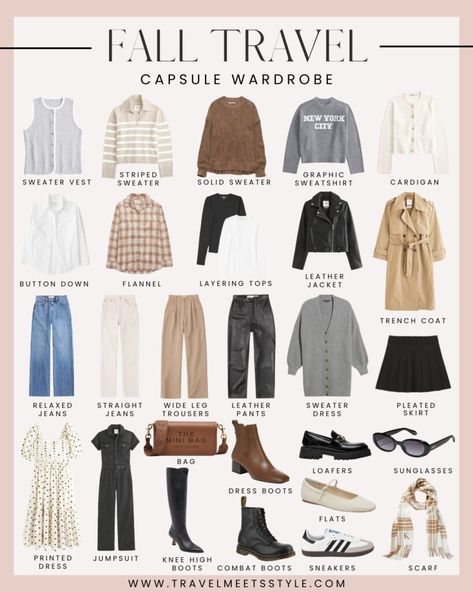 Travel light, Dress right: How to create the ultimate fall travel capsule wardrobe 2023 - Travel Meets Style Packing Early Fall Europe, Travel Light Fall Outfits, Easy Fall Capsule Wardrobe, Fall Europe Trip Packing, 5 Day Capsule Wardrobe Packing Light, Cute Sightseeing Outfits Fall, Carry On Travel Wardrobe, Simple Fall Wardrobe, Travel Capsule Wardrobe Uk Fall