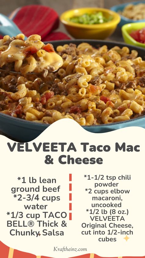 VELVEETA Taco Mac & Cheese: A quick and easy dinner recipe combining lean ground beef, elbow macaroni, TACO BELL® Thick & Chunky Salsa, chili powder, and creamy VELVEETA Original Cheese. Ready in just 20 minutes, this dish is perfect for busy weeknight meals. Taco Mac And Cheese Velveeta, Velveeta Mac And Cheese With Ground Beef, Mac Abd Cheese, Mac N Cheese Velveeta, Taco Macaroni, Velveeta Rotel, Beef Mac And Cheese, Velveeta Mac And Cheese, Taco Mac