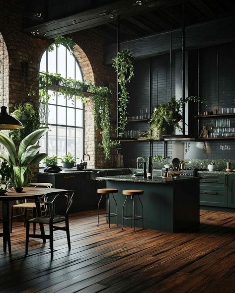 Tour through a Dark Green Industrial House 🏡🧱📚☀️🌿 🏠follow us at @tinyhouseperfect 🏠 🏠follow us at @tinyhouseperfect 🏠 🏠follow us at… | Instagram Rustic Industrial House, Industrial Home Design, Dark House, Interior Design Per La Casa, Inspiration Bathroom, Dark Home Decor, Green Cabinets, Dark Home, Remodel Inspiration