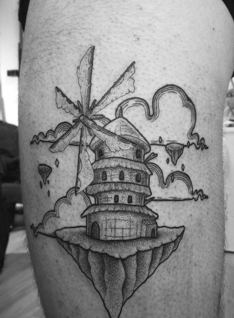 Windmill Tattoo, House Tattoo, Rock Tattoo, Dotwork Tattoo, R Tattoo, Home Tattoo, Floating House, Gorillaz, The Rules