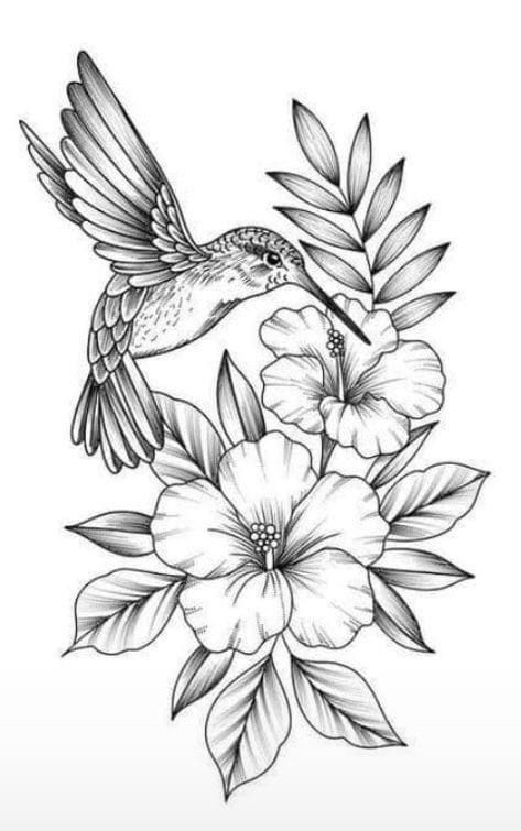 Hummingbird Tattoo Black, Hummingbird Flower Tattoos, Bird And Flower Tattoo, Capricorn Woman, Poppy Flower Tattoo, Filigree Tattoo, Flower Pattern Drawing, Woman Tattoo, Hummingbird Art