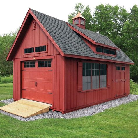 The upgraded windows, side access doors, dormer, and cupola put this little 14x20 Elite Shed a few steps above the competition!  #kloterfarms #deck #shedplans #storage #garage #barn #custom #Yard #home #outdoors #deck #shedplans #storage #garage #barn Pre Built Sheds, Barn Cupola, Patio Roof Covers, Red Garage, Contemporary Bungalow, Cool Sheds, Backyard Barn, Boat Shed, Custom Sheds