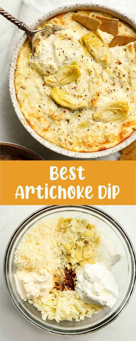 My Baked Artichoke Dip is all kinds of creamy deliciousness in a bowl. Ten minute prep, 30 minutes in the oven, and it's snack time. Bring on Game Day! Best Artichoke Dip, Warm Spinach Dip, Baked Artichoke Dip, Gf Snacks, Warm Appetizers, Chips Dip, Baked Artichoke, Awesome Appetizers, Artichoke Dip Recipe