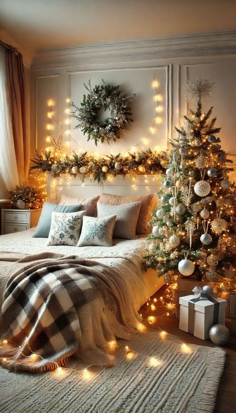 17 Super Cute Christmas Decor Ideas For Your Bedroom Small Bedroom Christmas Tree, Christmas Bedroom Decor Cozy, Christmas Tree For Bedroom, Bedroom Christmas Tree, Christmas Setup, Christmas Wreath Designs, Dream Christmas, Affordable Christmas Decorations, Holiday Bedroom