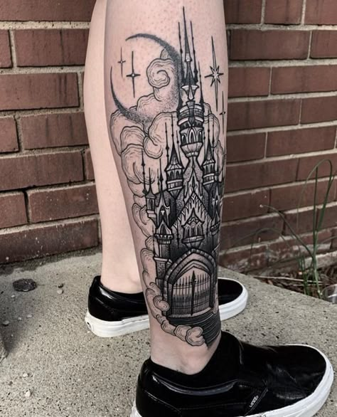 Neo Traditional Castle Tattoo, Castle Leg Tattoo, Castle Arm Tattoo, Big Piece Tattoos, Tattoo Ideas Witchy, Delta Tattoo, London Castle, Castle Tattoos, Sleeve Tattoo Women