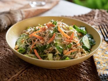 Spring Roll Salad with Peanut Dressing Recipe | Valerie Bertinelli | Food Network Valerie Bertinelli Recipes Food Network, Valerie's Home Cooking Recipes, Peanut Dressing Recipe, Valerie Bertinelli Recipes, Spring Roll Salad, Salad With Peanut Dressing, Crunchy Vegetables, Julienned Carrots, Peanut Dressing