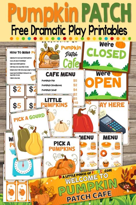 Free Dramatic Play Printables, Dramatic Play Printables Free, Pumpkin Patch Dramatic Play, October Homeschool, Dramatic Play Centers Preschool, Pumpkin Activities Preschool, Independent Play Activities, Pumpkins Preschool, Dramatic Play Activities