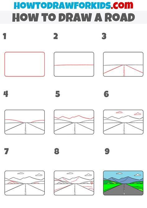 How To Draw A Road Step By Step, Highway Drawing Simple, Step By Step Drawing Buildings, How To Draw Street, Step By Step Perspective Drawing, How To Sketch Landscapes Step By Step, Road Drawing Perspective, How To Draw A Road, Road Perspective Drawing