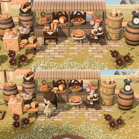 Acnh Market Inspiration Cottagecore, Animal Crossing Tools Area, Acnh Medium Area Ideas, Skull Pond Animal Crossing, Acnh Farmcore Villagers, Acnh Bread Stall, Acnh Market Stall Ideas, Acnh 2.0 Builds, Rustic Animal Crossing